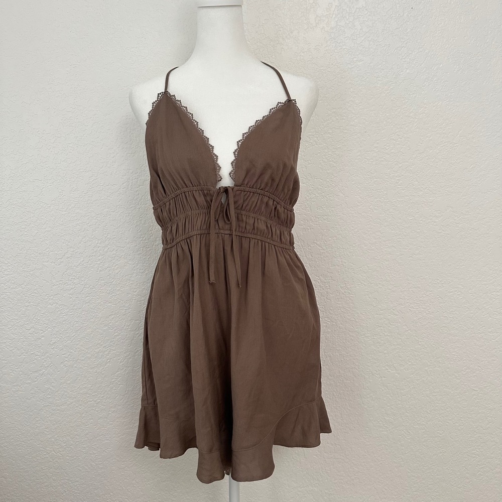 Love Tree Boho Chic Romper Large Brown Halter Lace Trim Smocked Waist Festival